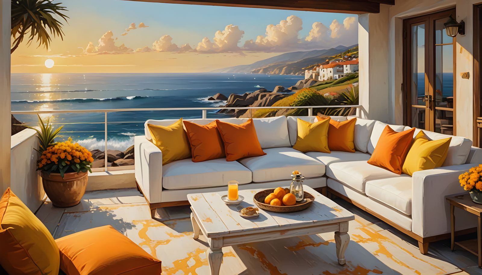 Ocean View Patio with White Sofa and Colorful Pillows