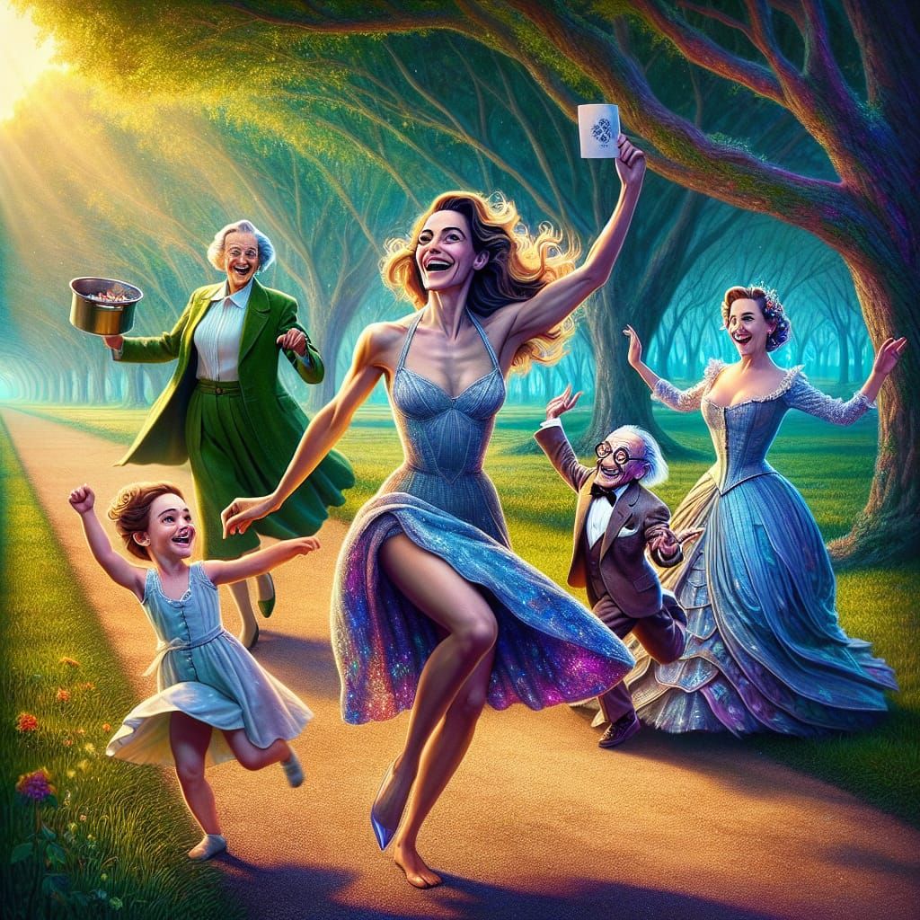 Joyful Dance on a Tree-Lined Road in Hyperrealism