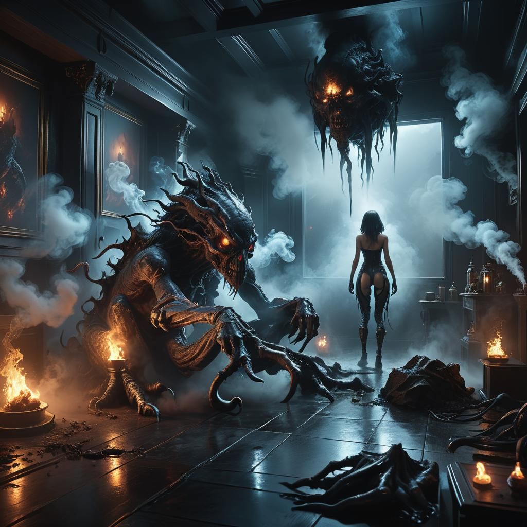 Dark Fantasy Sci-Fi Horror Creature in Smoke-Filled Room