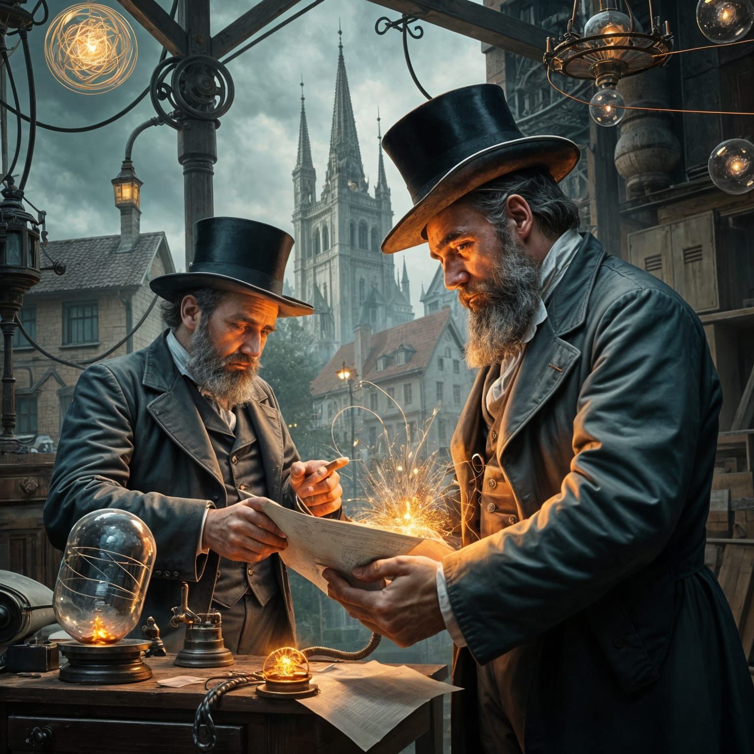 Gauss and Weber Inventing Telegraph, Detailed Matte Painting