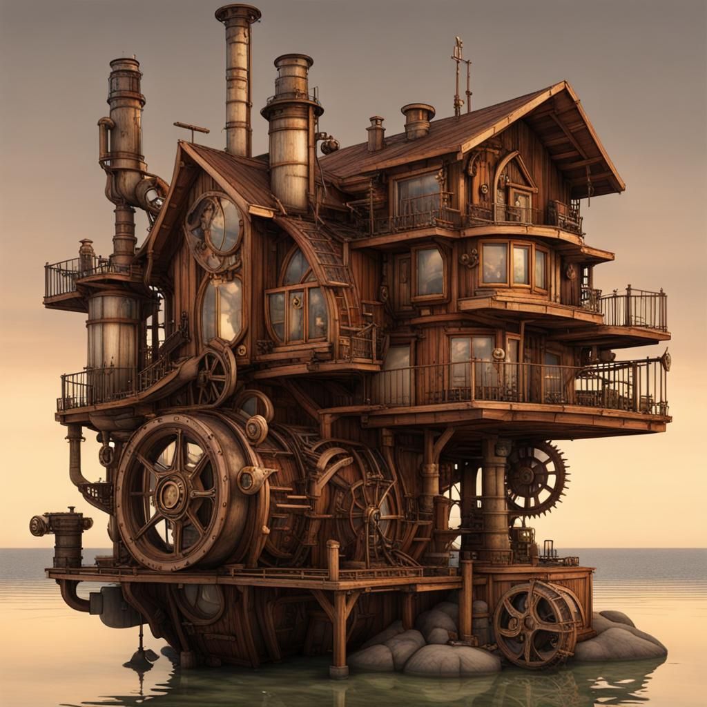Steampunk Island House with Wooden Architecture