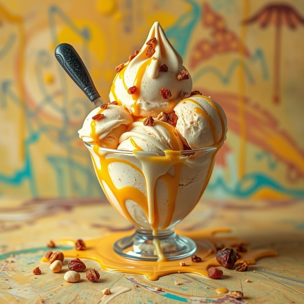 Creamy Silan Ice Cream with Golden Color and Crunchy Nuts