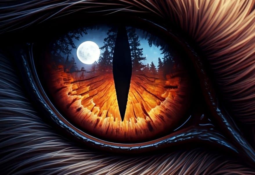 Werewolf Eye Reflecting Moon in Detailed Matte Painting