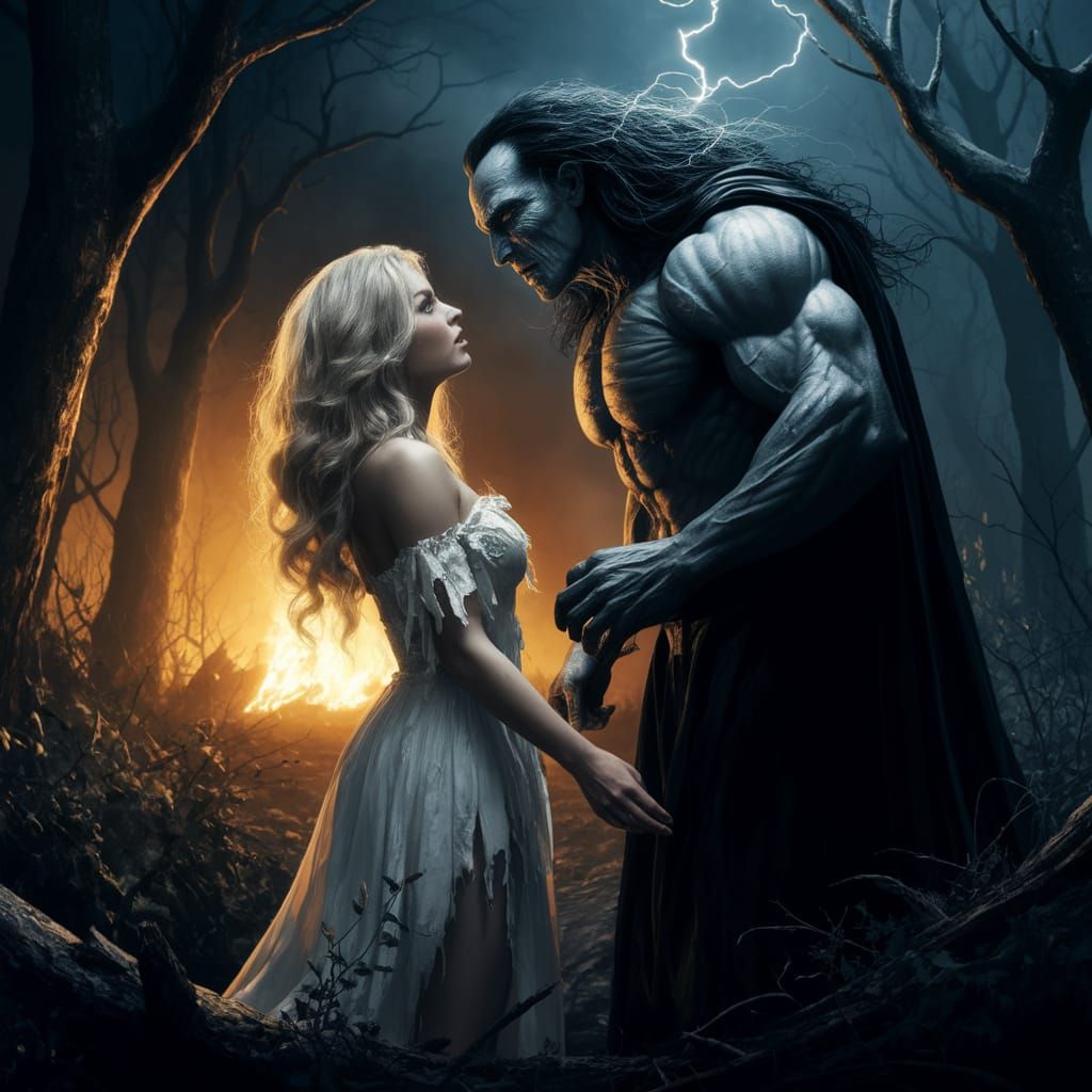 Towering Dark Figure Confronts Frightened Woman in Haunting ...