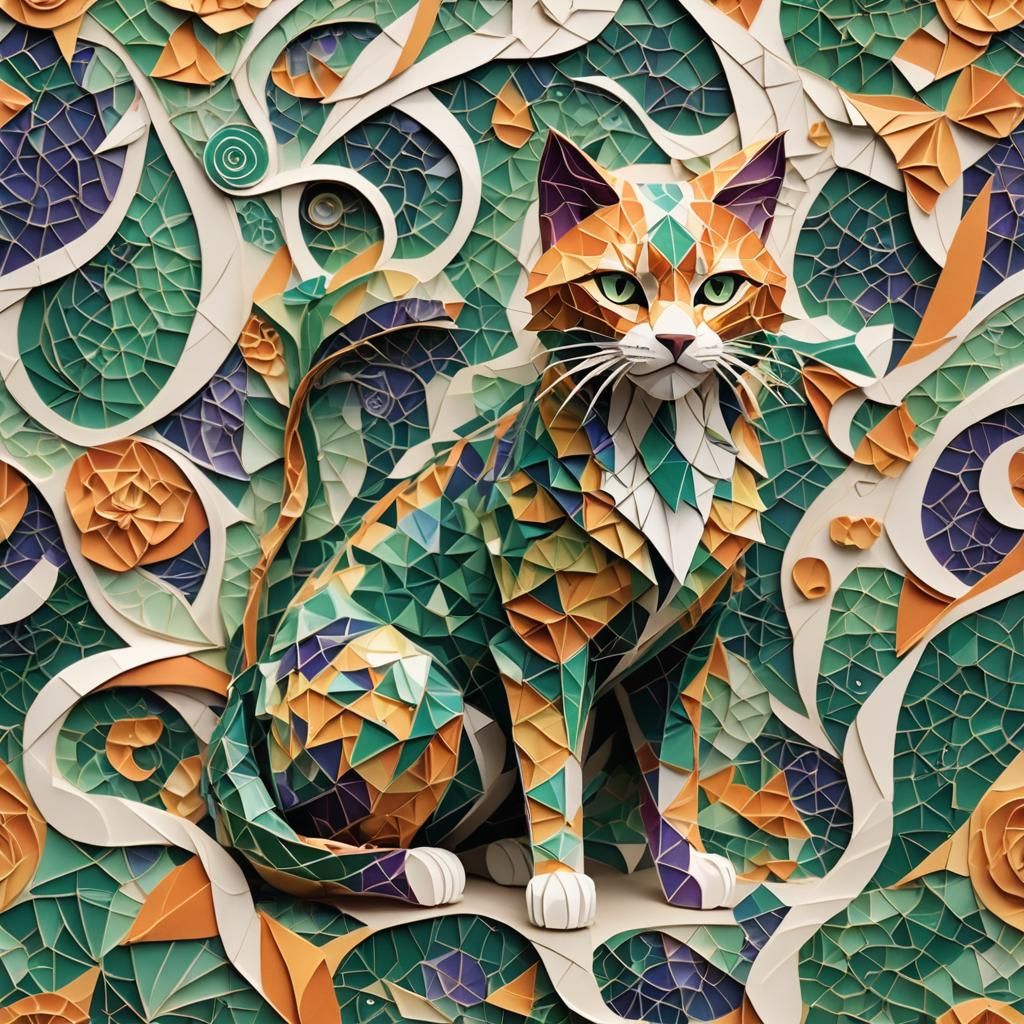 Vibrant Origami Cat with Mosaic Fur and Swirling Patterns