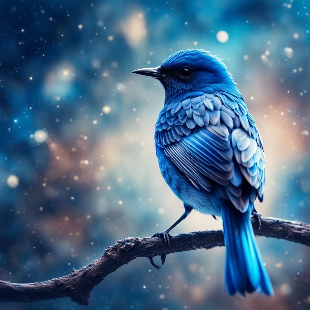 Glass Blue Bird in a Galaxy Landscape