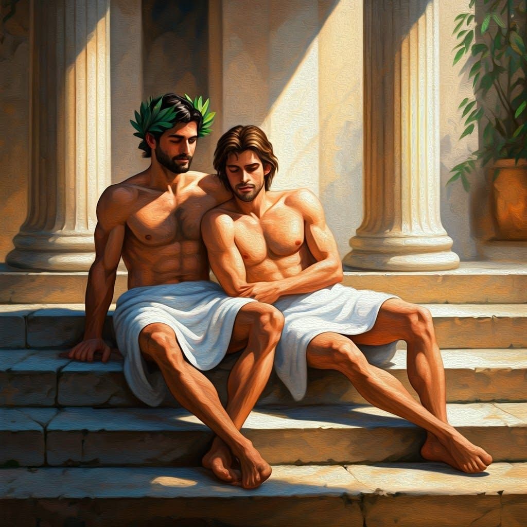 Male Couple Relaxing in Roman Thermae, Neoclassical Style