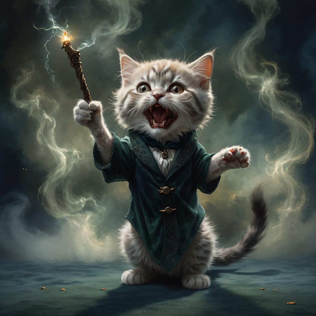 Furry Kitten Voldemort Casting Spell in Ethereal Fantasy