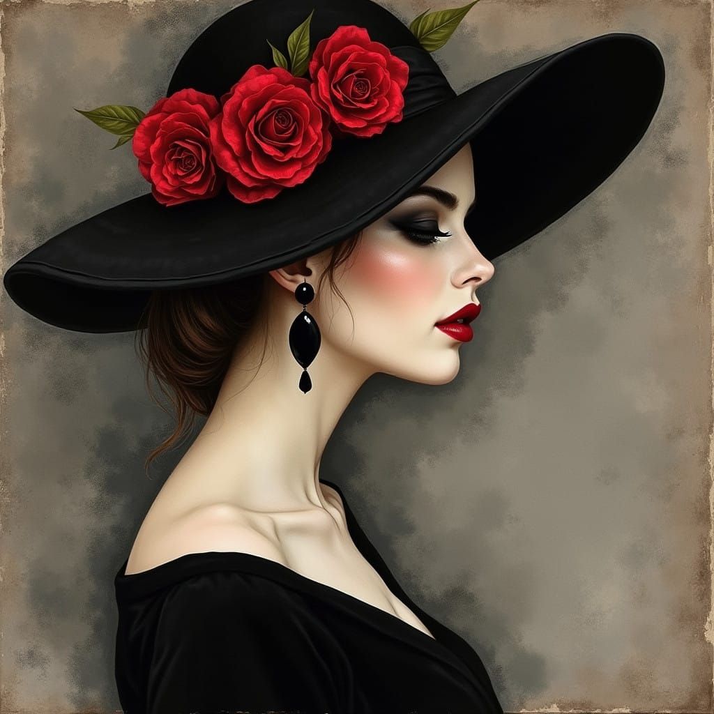 Elegant Woman in Side Profile, Wearing Gothic Hat with Red R...