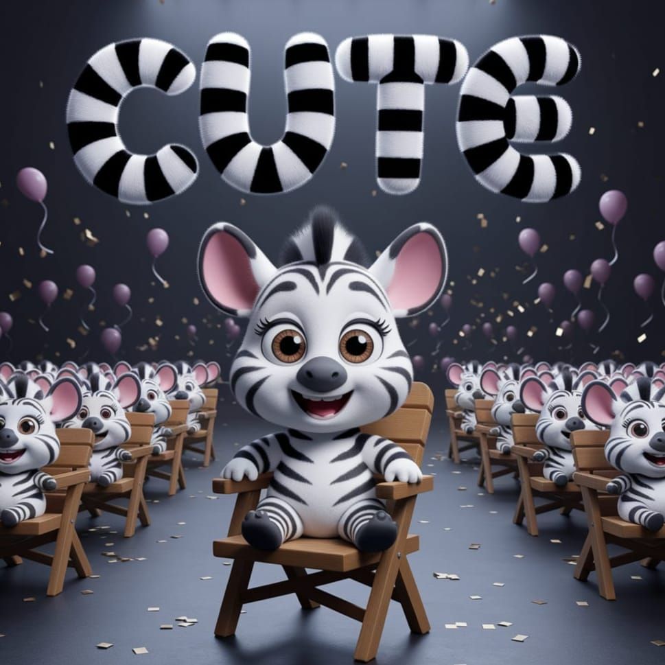 CARTOON text says "CUTE" and conveys the logo in black and white striped font in paint with stunning clarity, the text i...