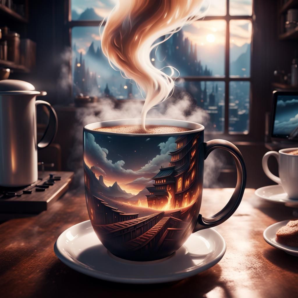 Steaming Coffee in Anime Mug: Digital Matte Painting