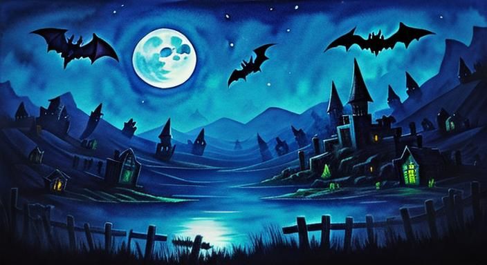 Watercolor Graveyard with Ghosts and Bats