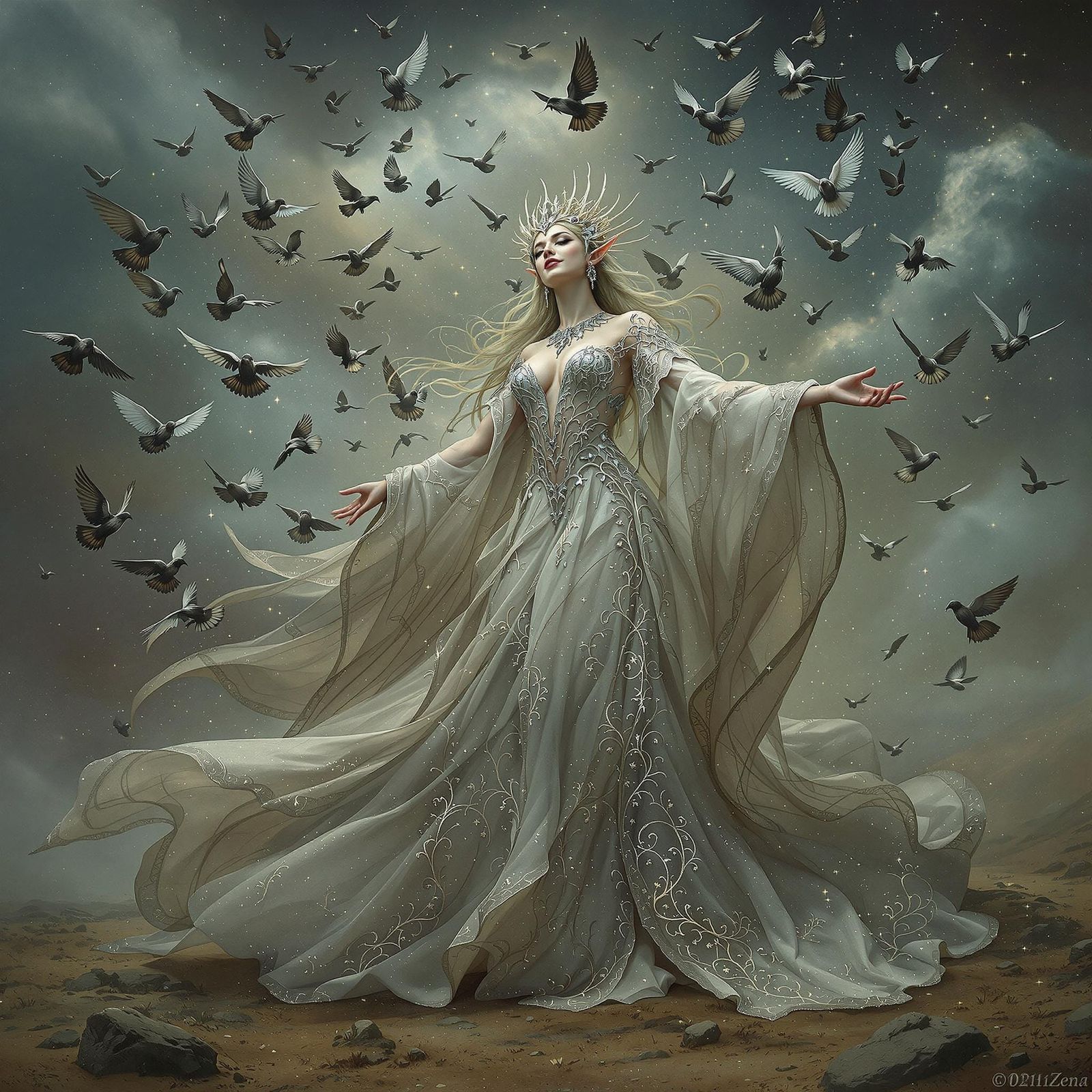 Ethereal Elven Queen Ascends Amidst Starling flurry