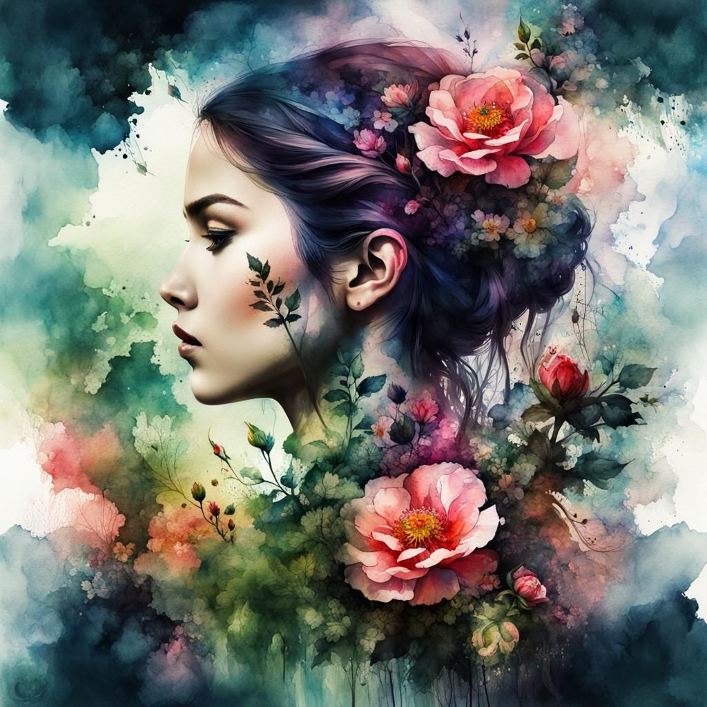 Watercolor Rose Tattoo with Double Exposure Effect