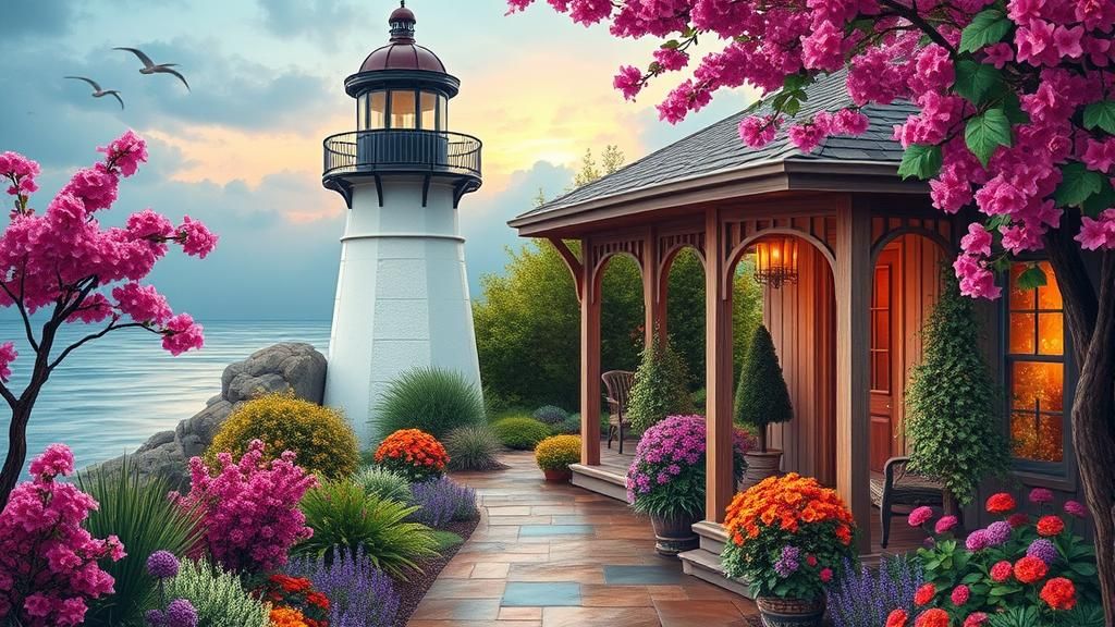 Serene Garden with Lighthouse in Vivid Colors