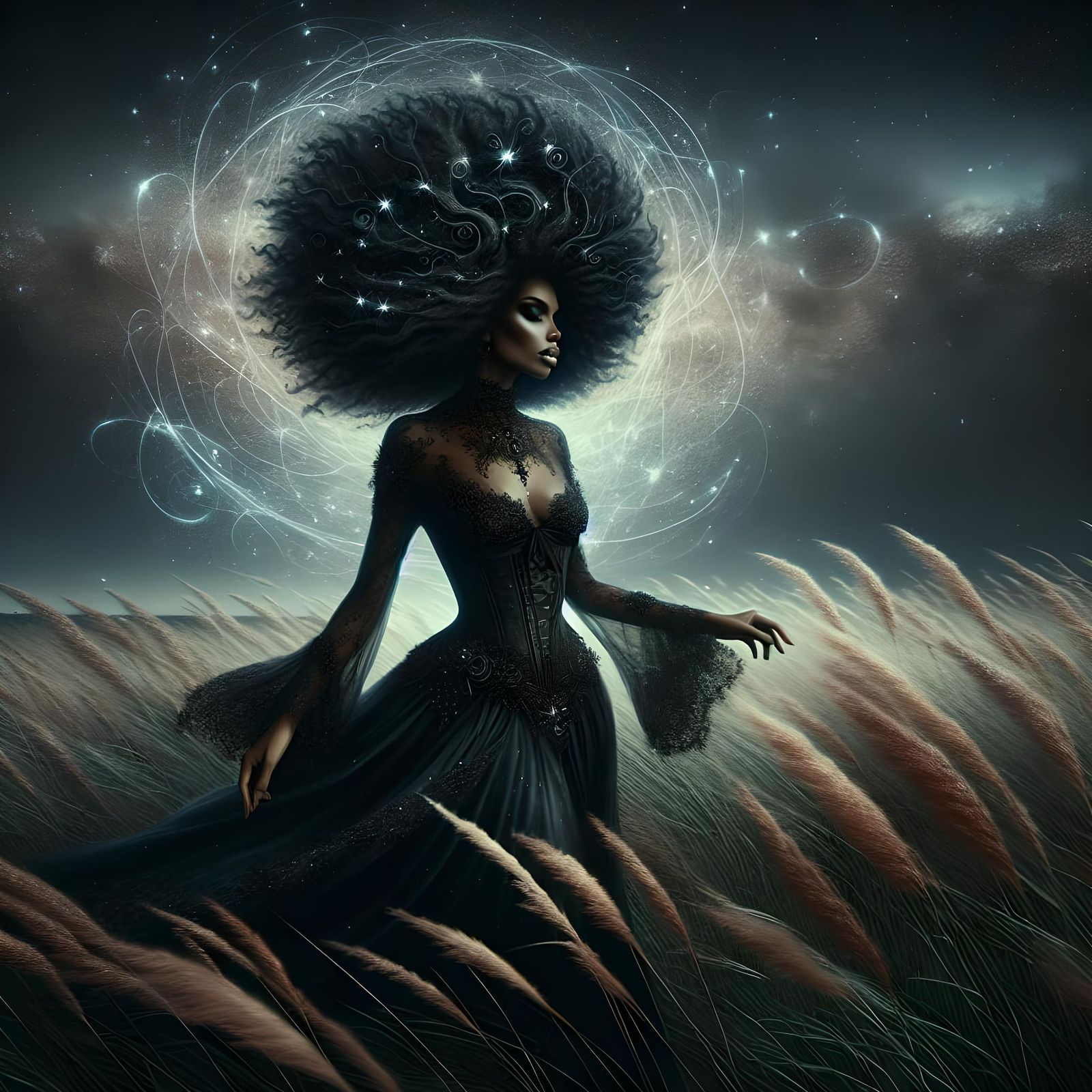 Beautiful Gothic Witch Under Starlit Sky