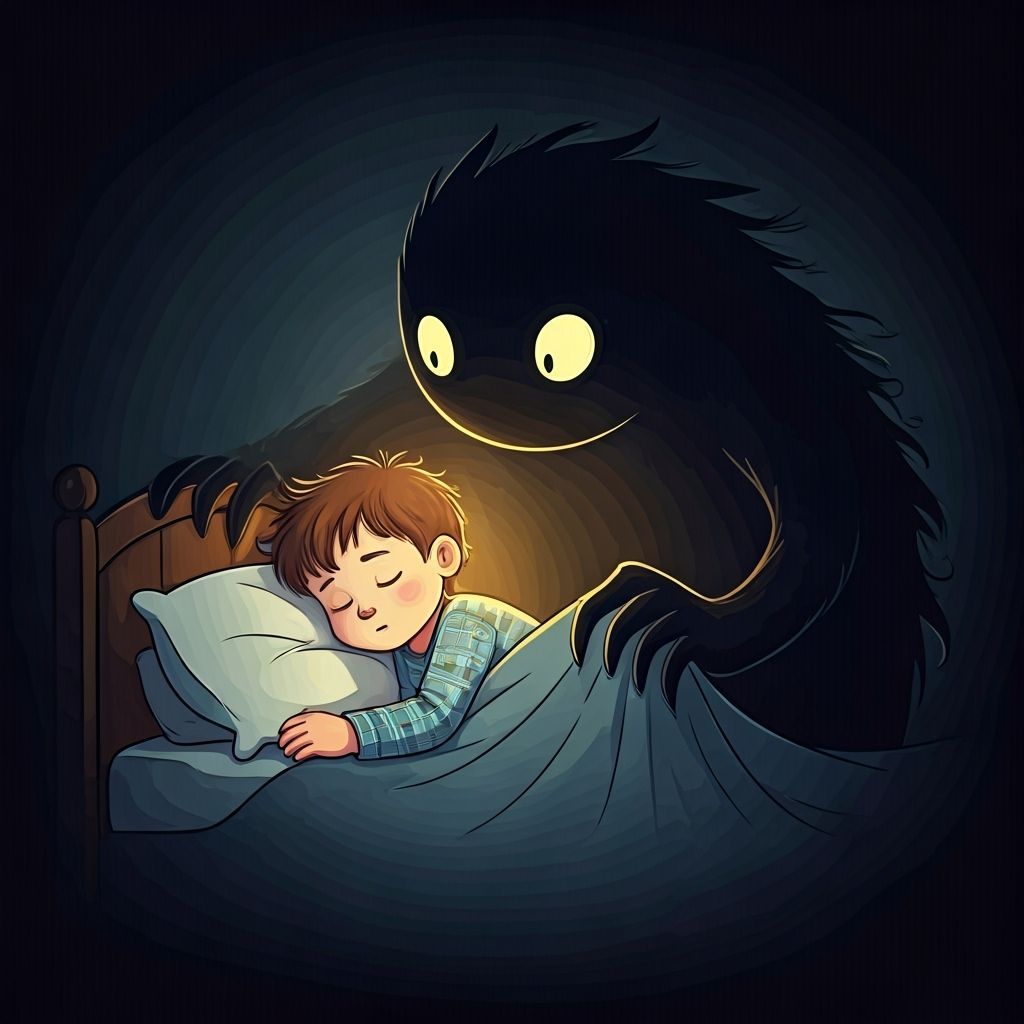 Dreamlike Scene: Child Sleeping with Shadow Monster