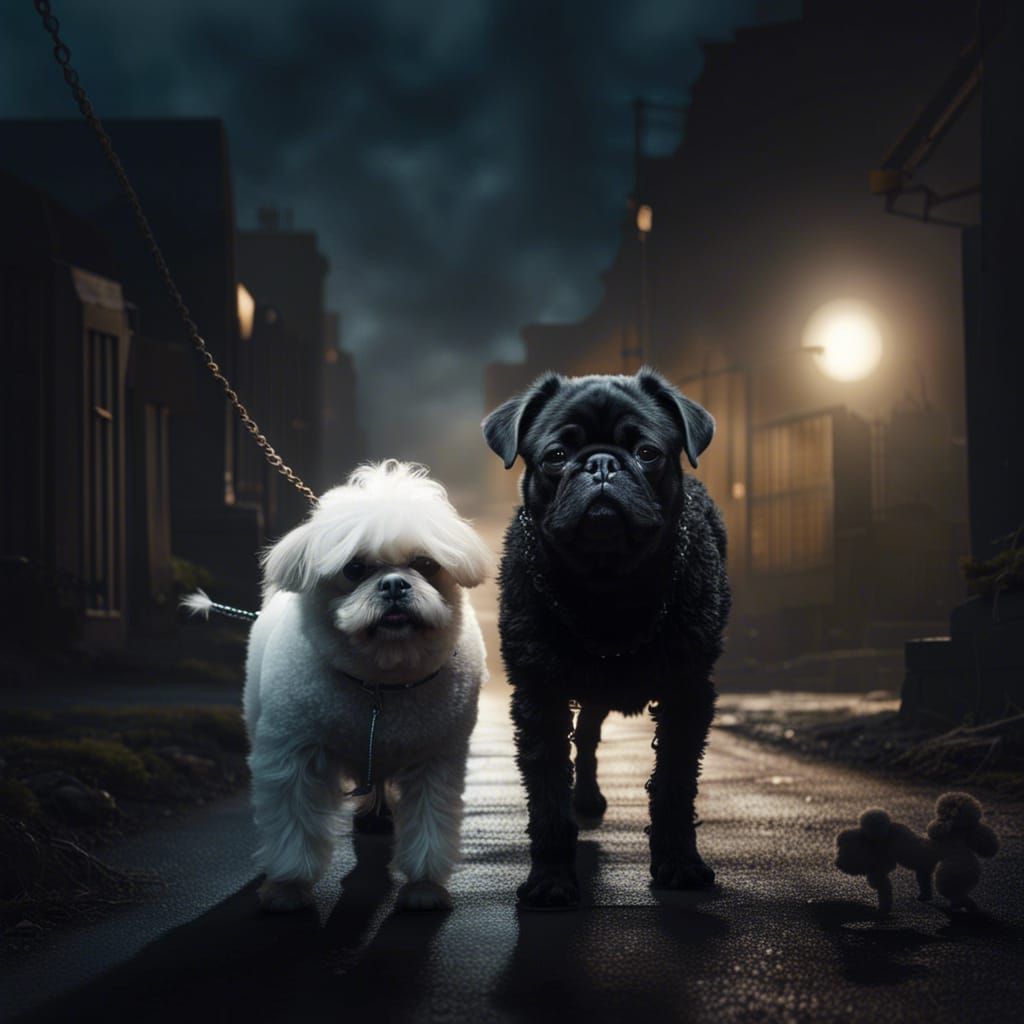 Pug and Poodle Stroll at Night