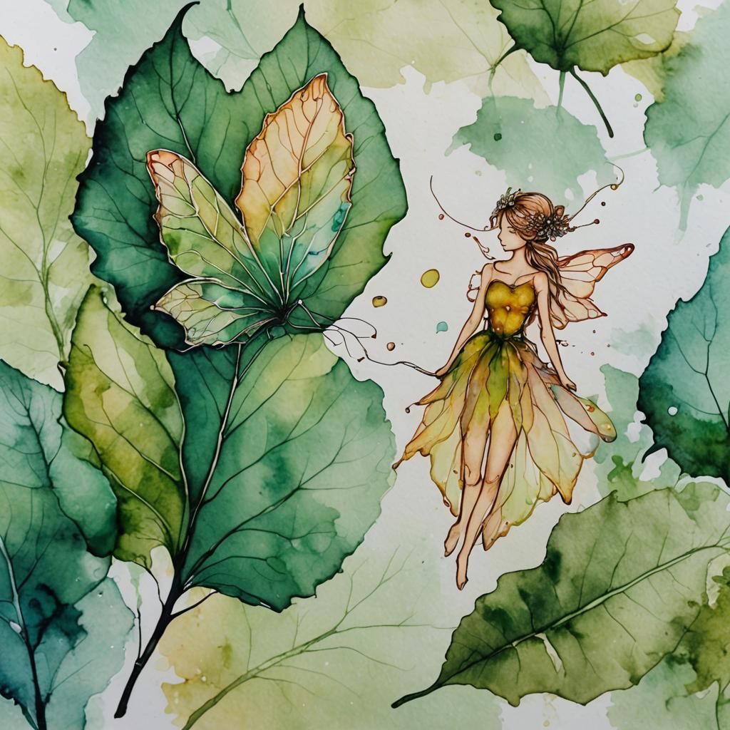 Fairy on Leaf in Watercolor Alcohol Ink
