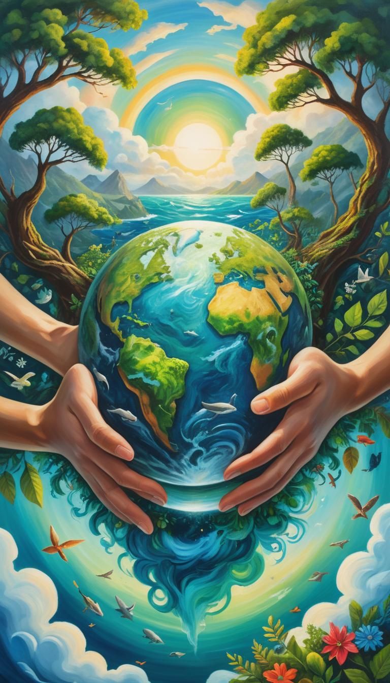 A beautiful depiction of Earth, showing lush green forests, blue oceans, and diverse wildlife. The Earth is held gently ...