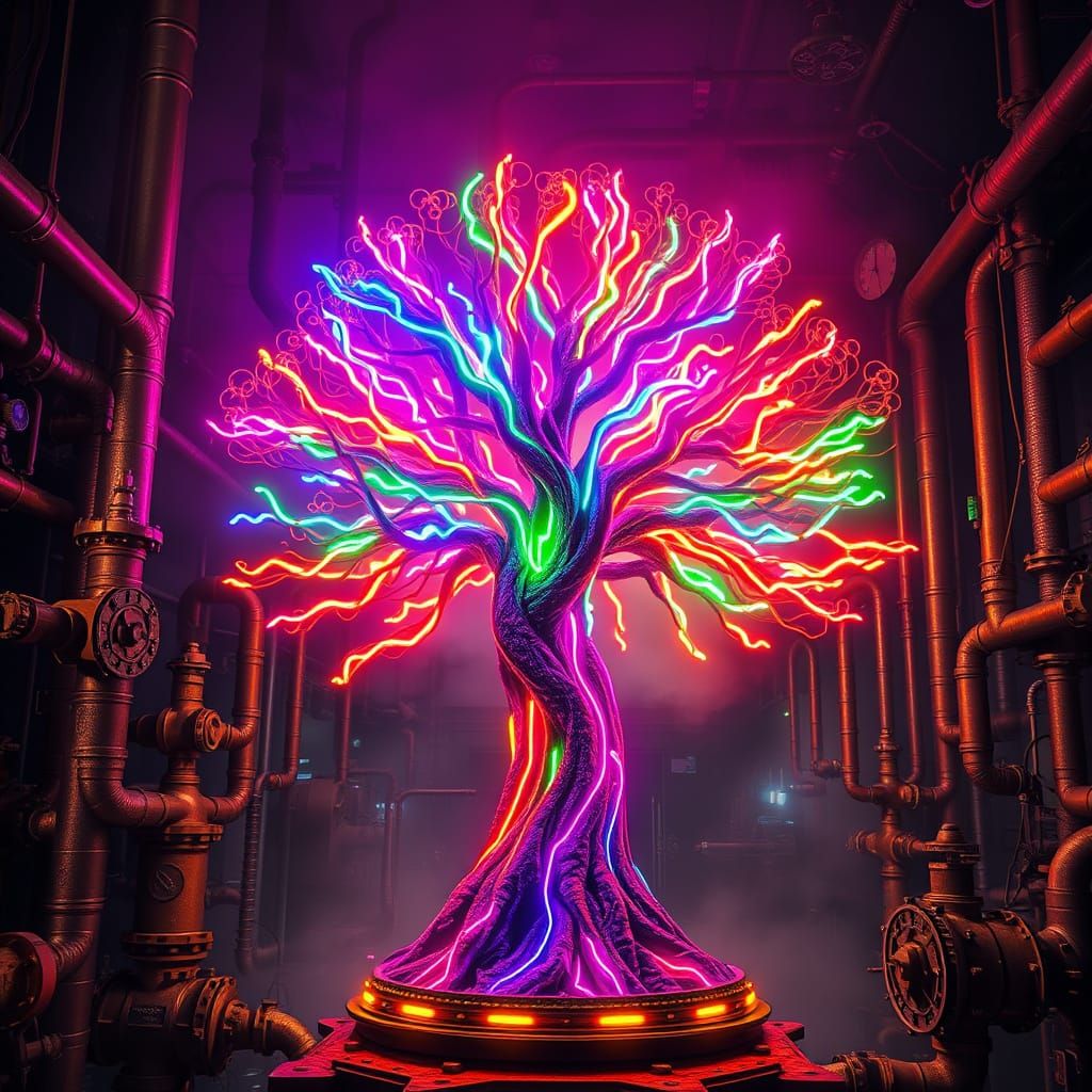 Glowing Neon Tree of Life in Industrial Steampunk Dreamscape