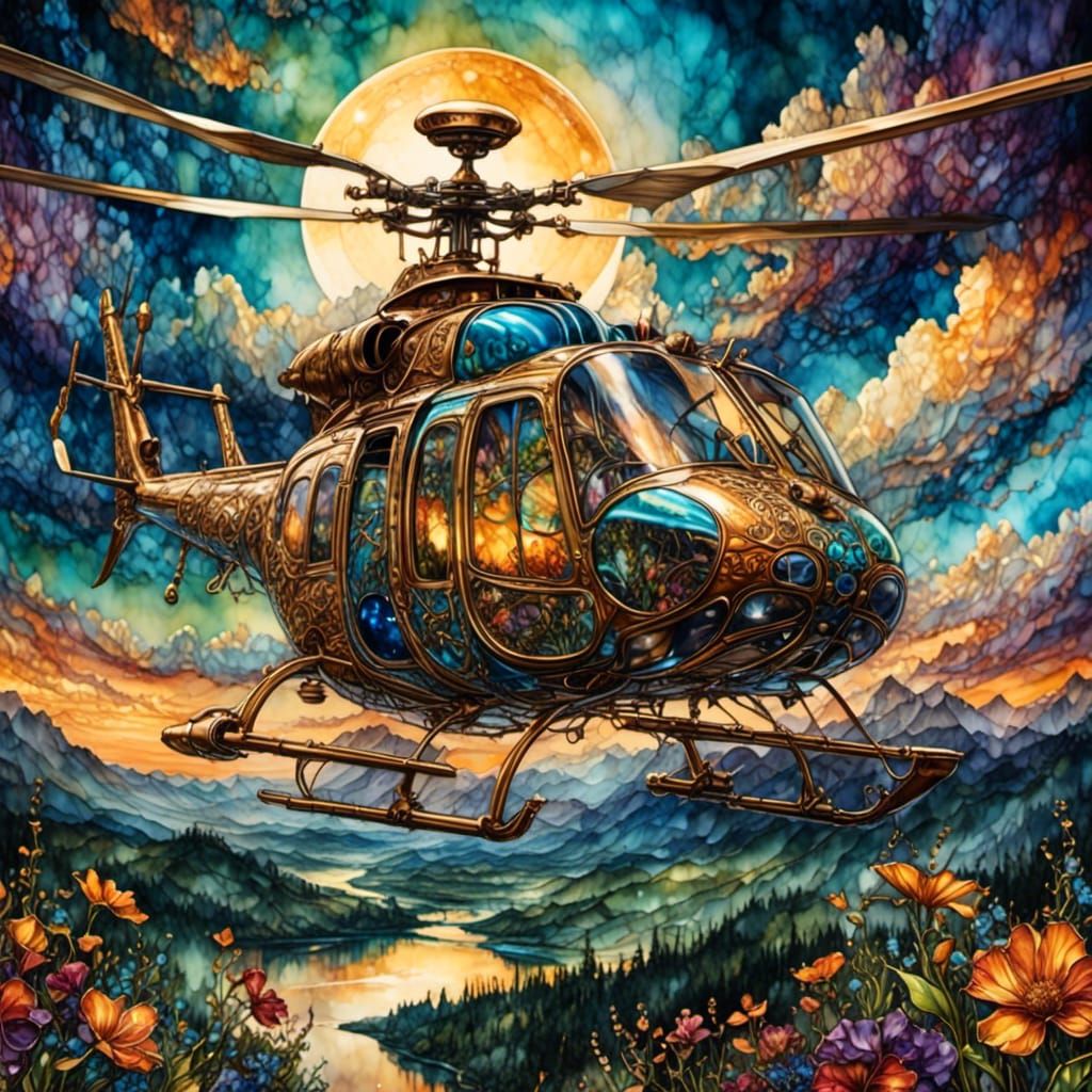 Fantasy Helicopter at Sunset with Alcohol Ink Flowers