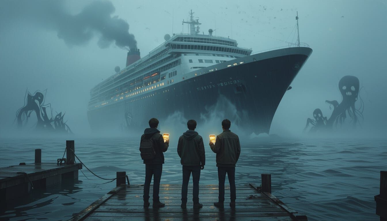 Ghostly Cruise Ship in Misty Seascape, Dark Mystical Art