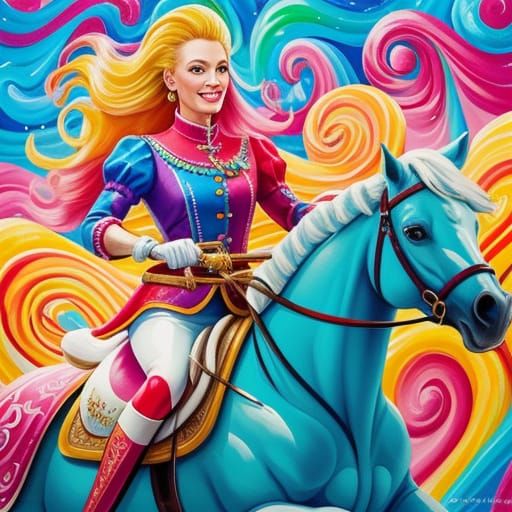 Blonde Woman Riding Horse in Candyland Wonderland