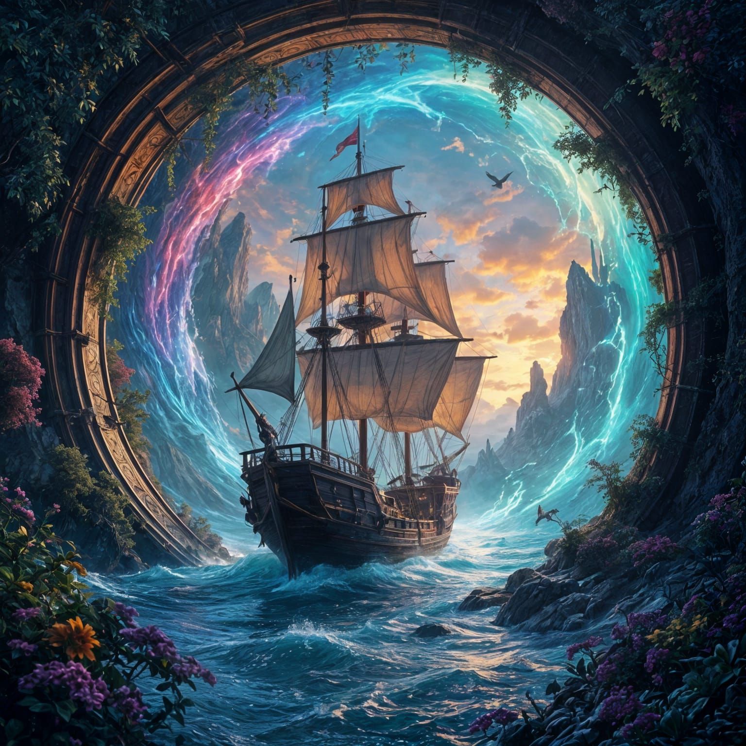 Majestic Ship Enters Fantasy Portal, Vibrant Matte Painting