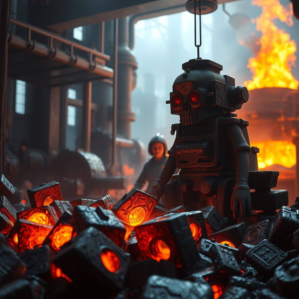 Glowing Beskar Ingots in a Fiery Industrial Foundry