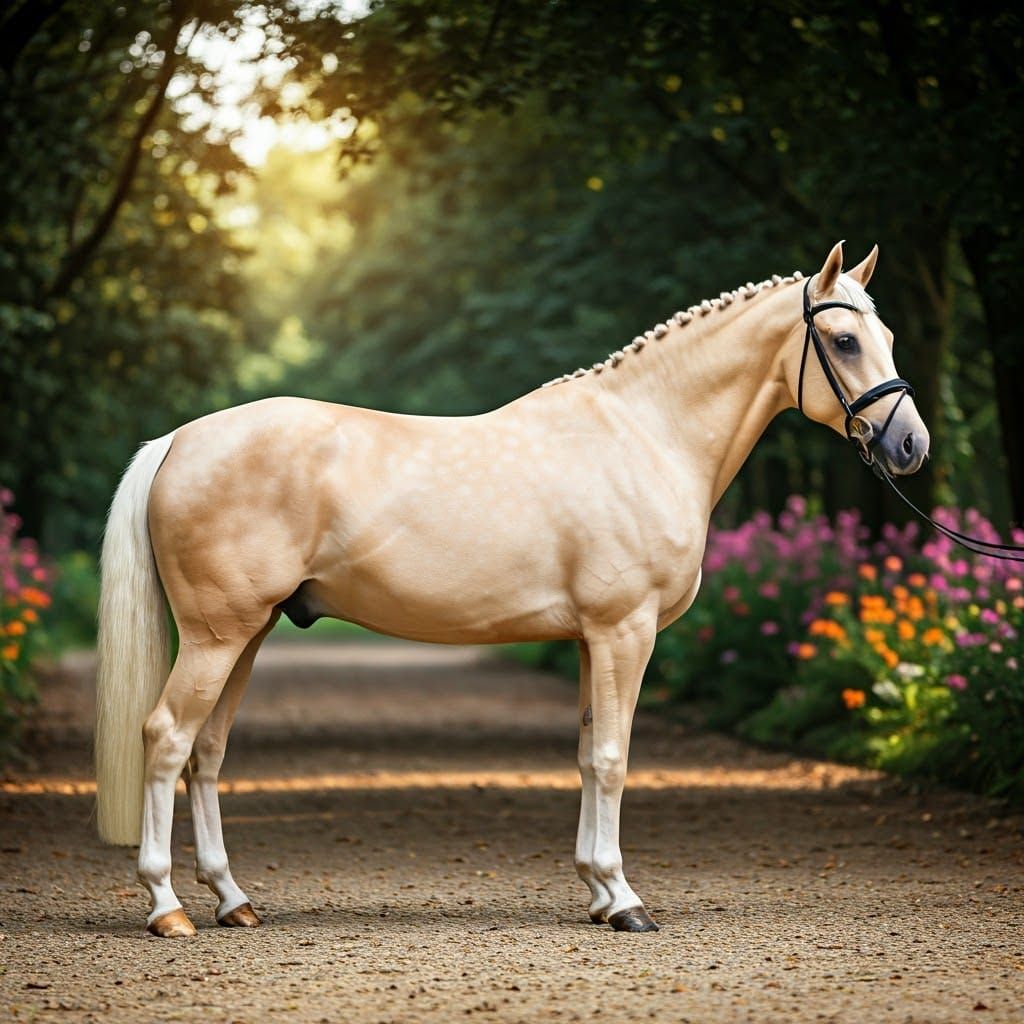 Elegant Cream Warmblood Mare in Sunny Forest