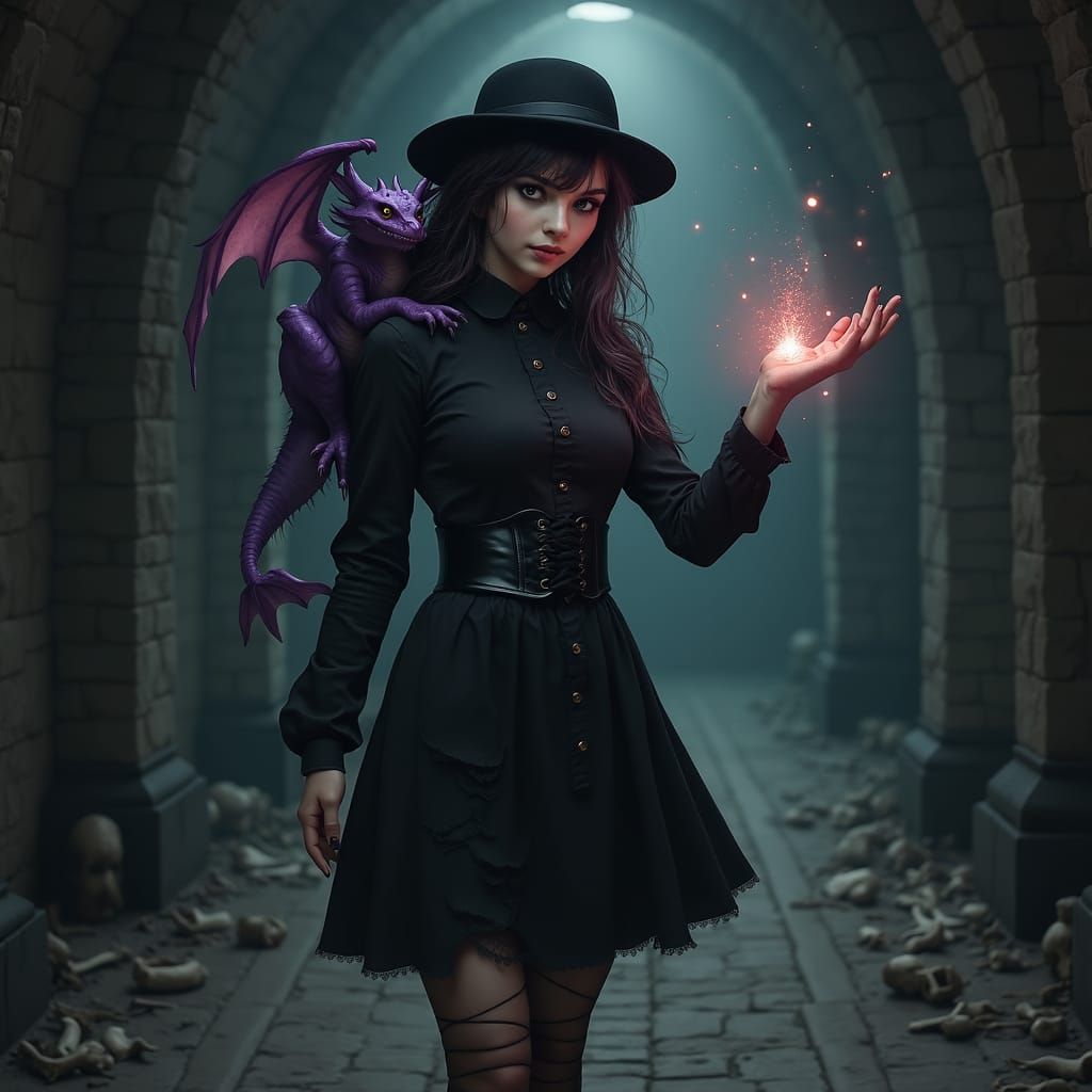Gothic Woman with Dragon in Dark Tunnel: Hyperrealistic Art
