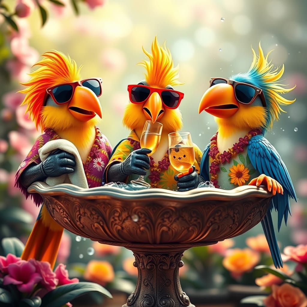 Birds in Hawaiian Shirts Enjoying Birdbath