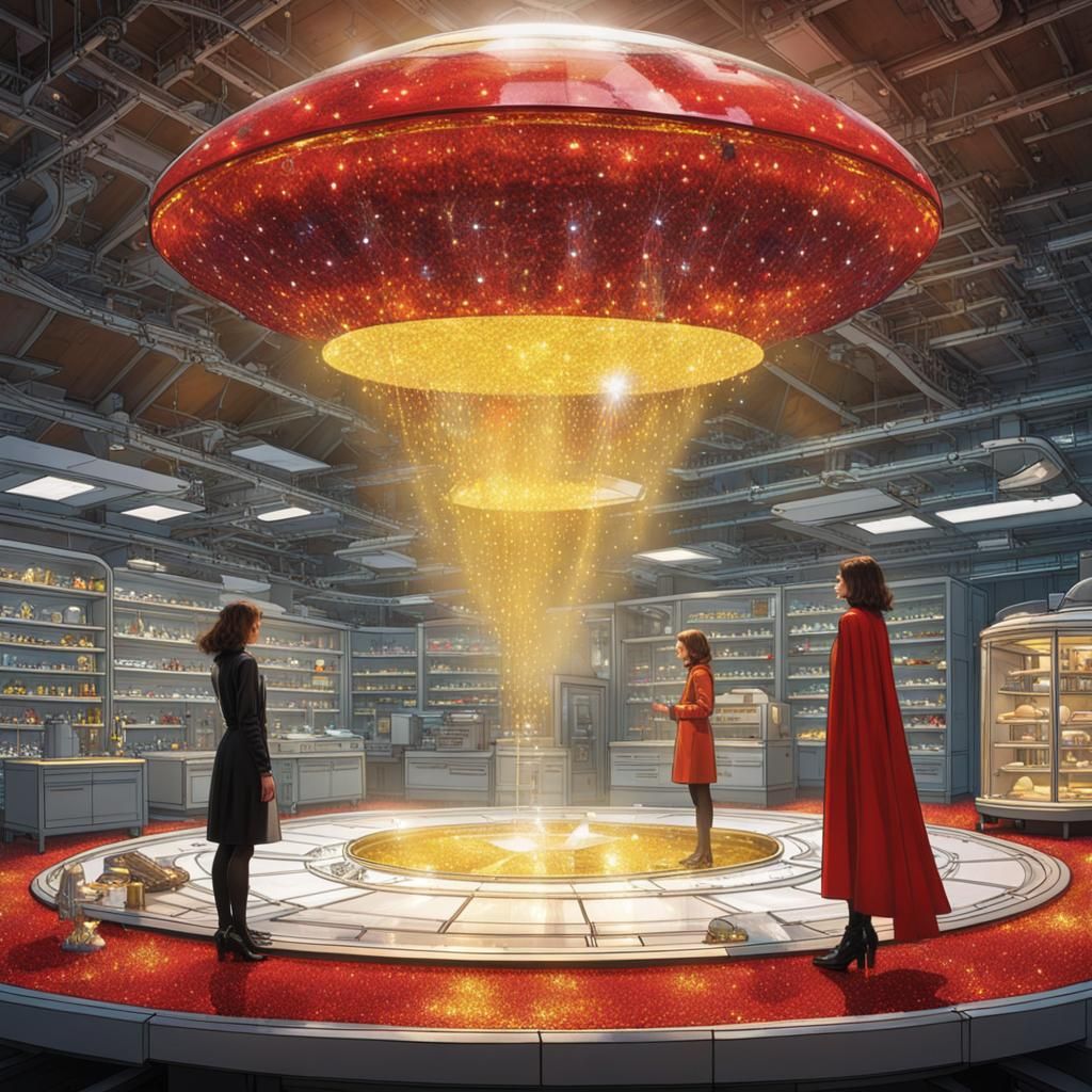 Hyperrealistic Crystal Lab with Women Examining UFO