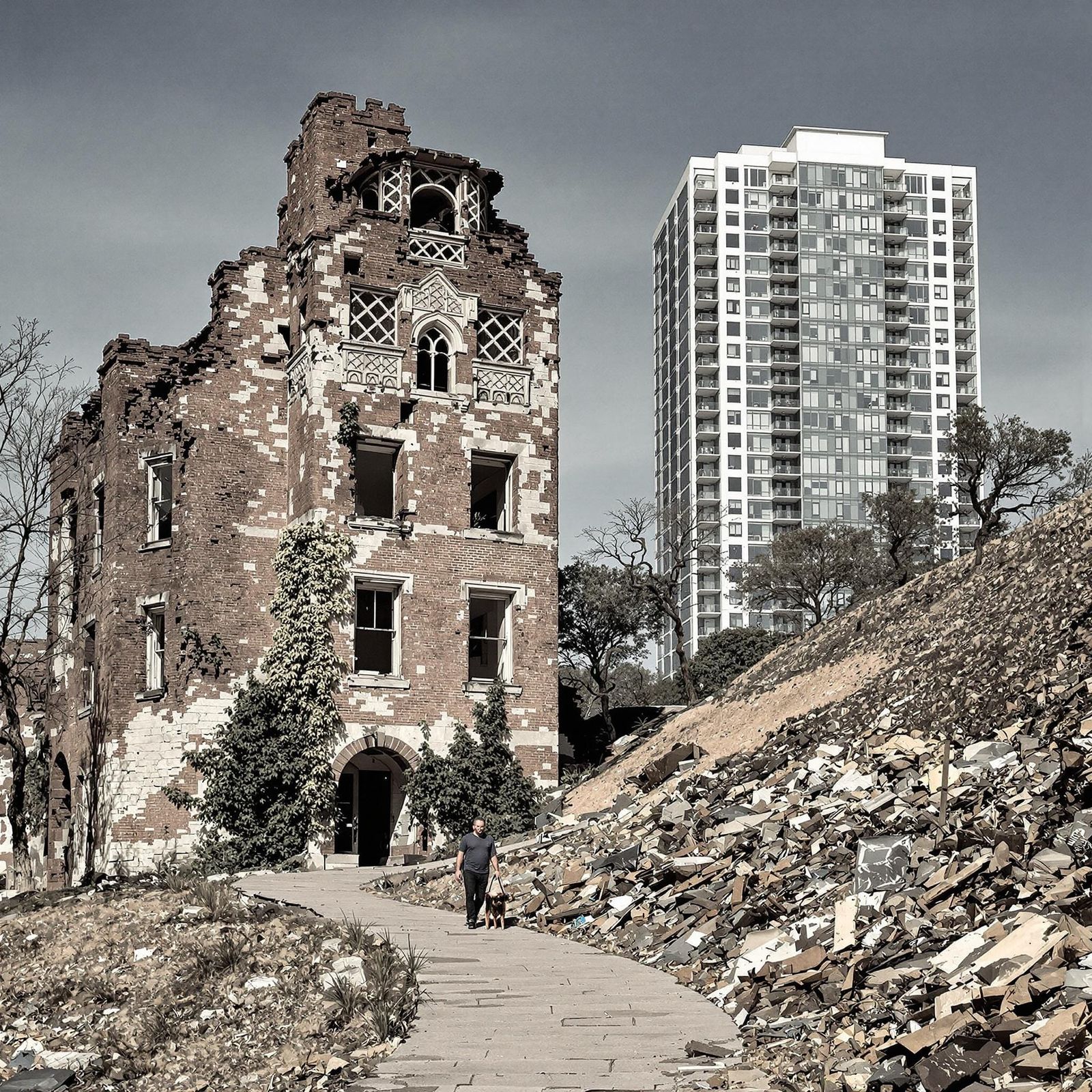 Weathered Brick Edifice with Crumbling Tower