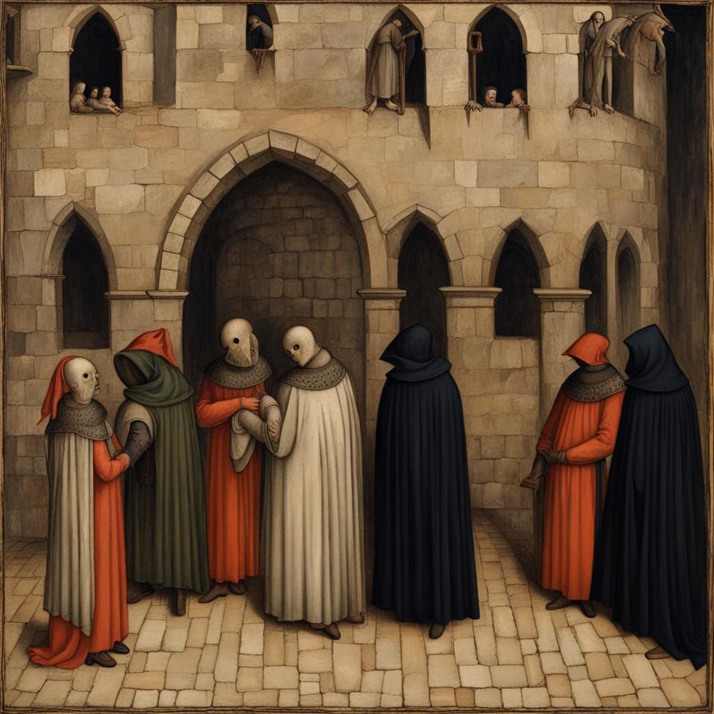 Medieval City of Faceless People: Sad Uncanny Painting