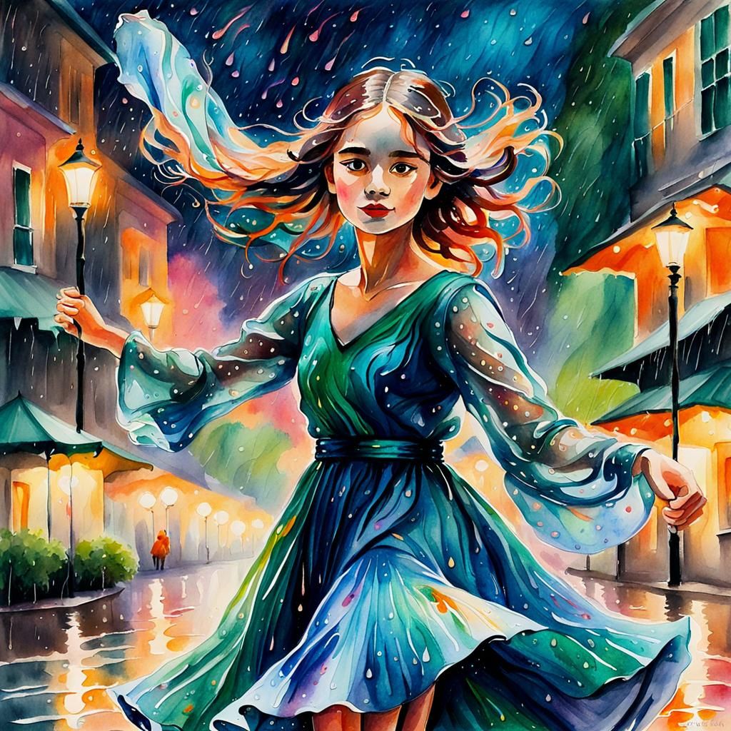 A girl dancing at night in the rain. Watercolor drawing.
