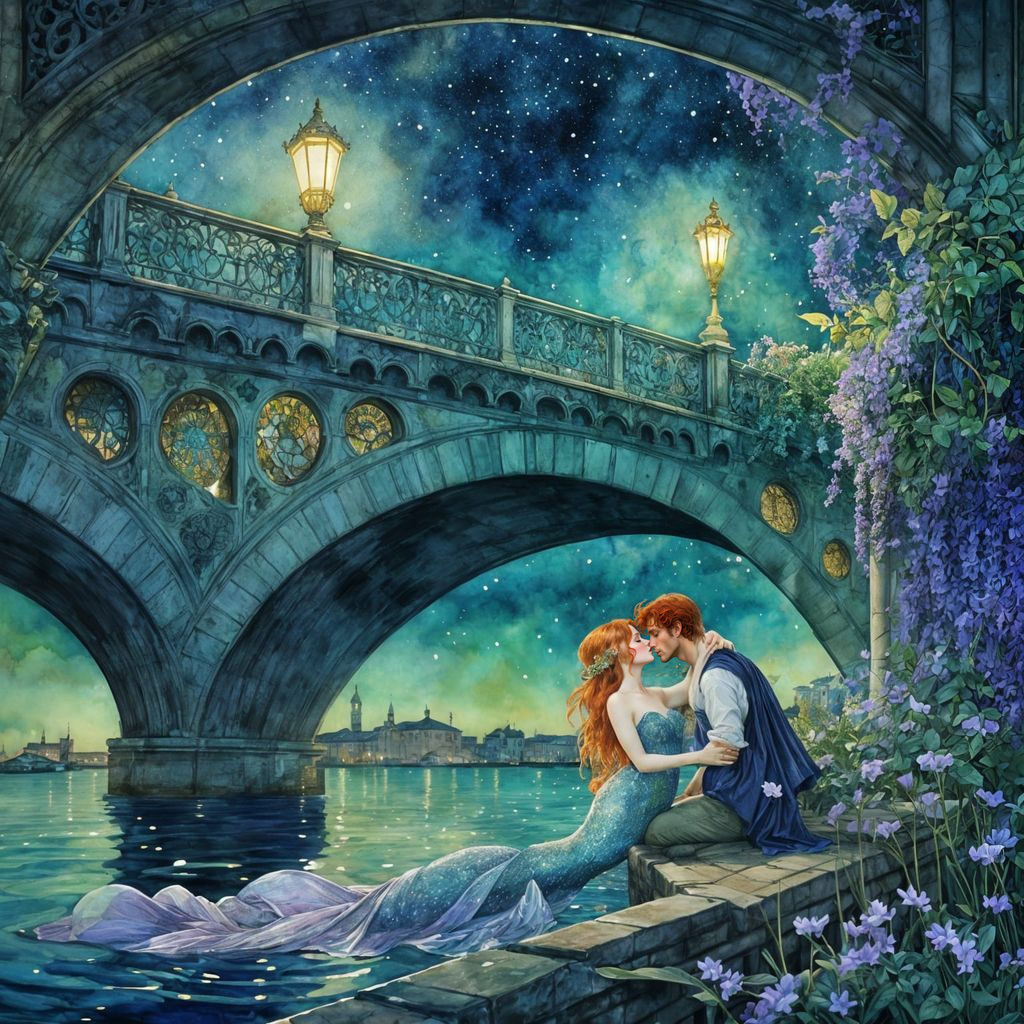 Mermaid and Prince Kiss in Venice, Watercolor Fantasy