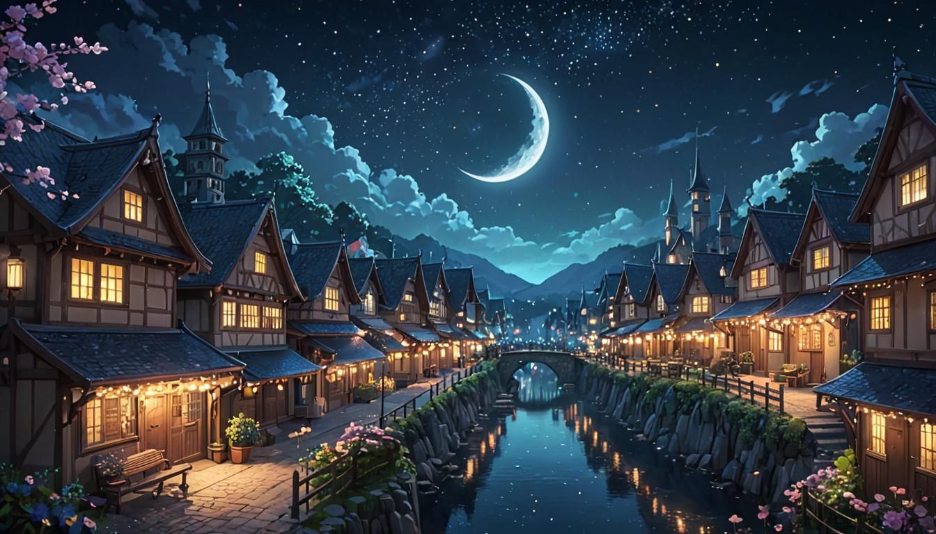 Anime-Style Magical Town at Midnight with Glowing Lights