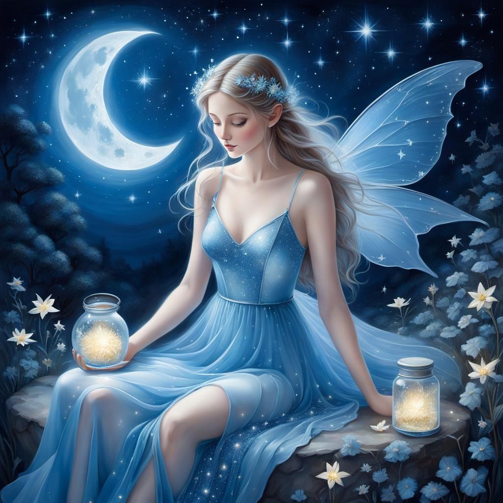 Delicate Fairy in Dreamy Night Sky Painting