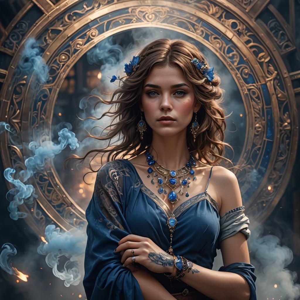 Sapphire Strands: Portrait in Alphonse Mucha Style