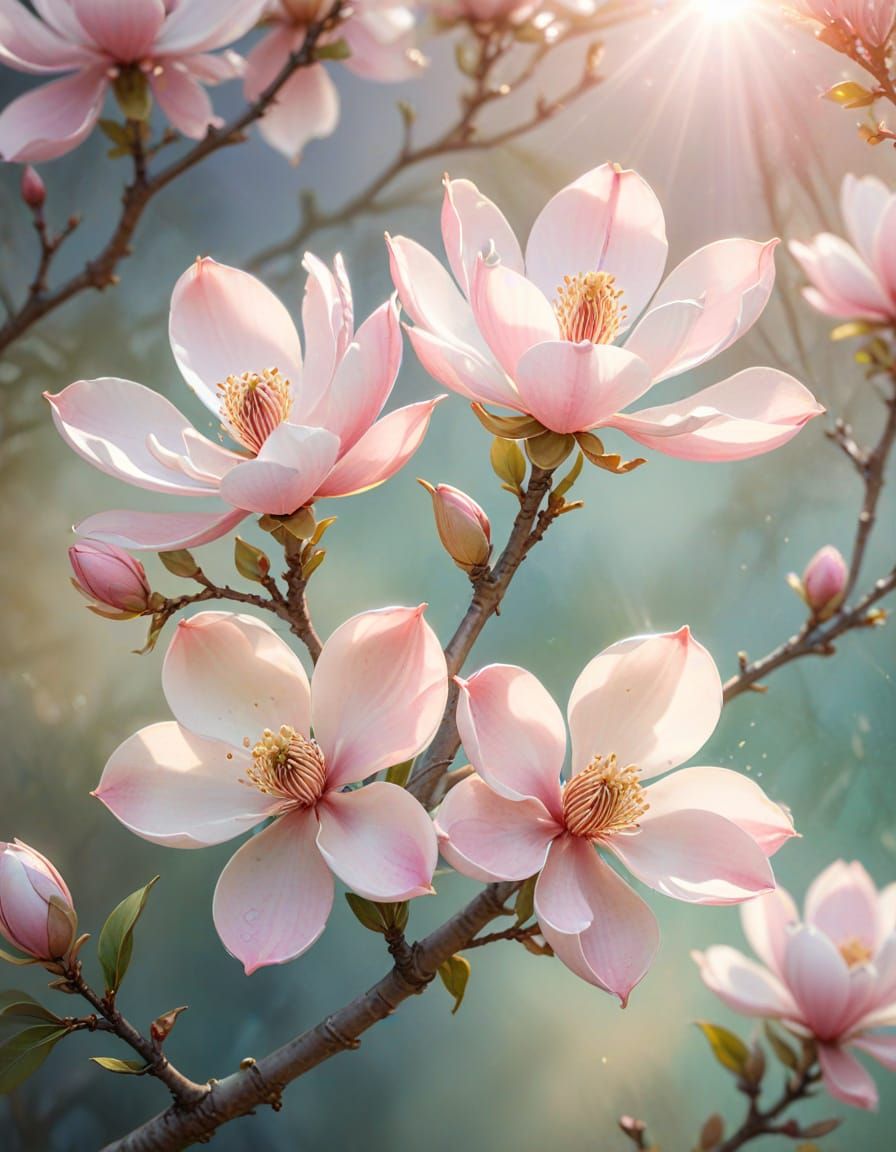 Vibrant Light Pink Magnolias in Dreamy Watercolor Style