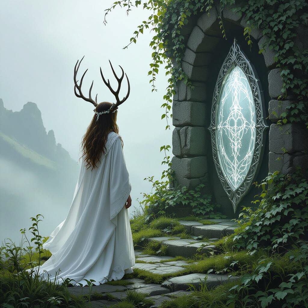 Antlered Girl in Sanctuary with Glowing Mirror