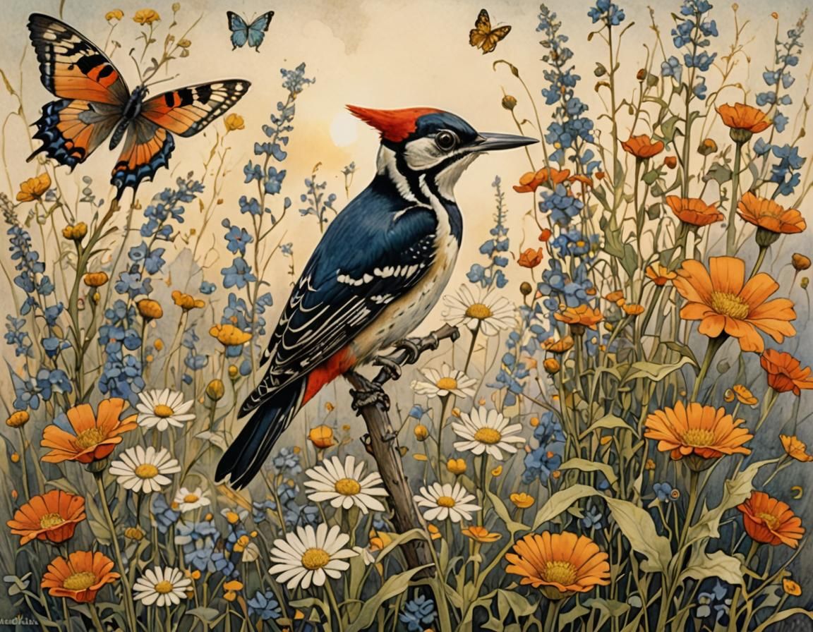 A woodpecker with wildflowers and butterflies