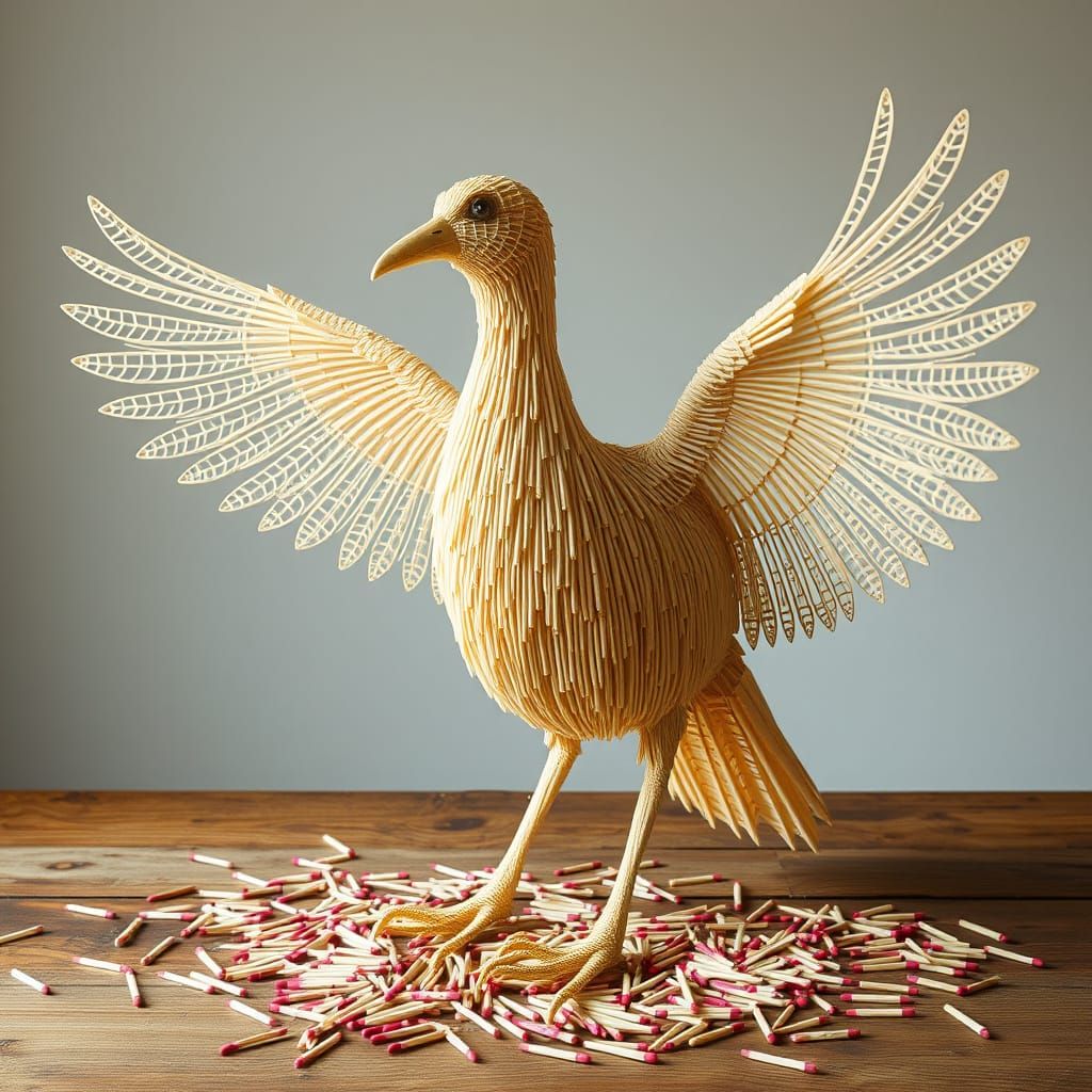 Whimsical Matchstick Bird Sculpture on Wooden Table