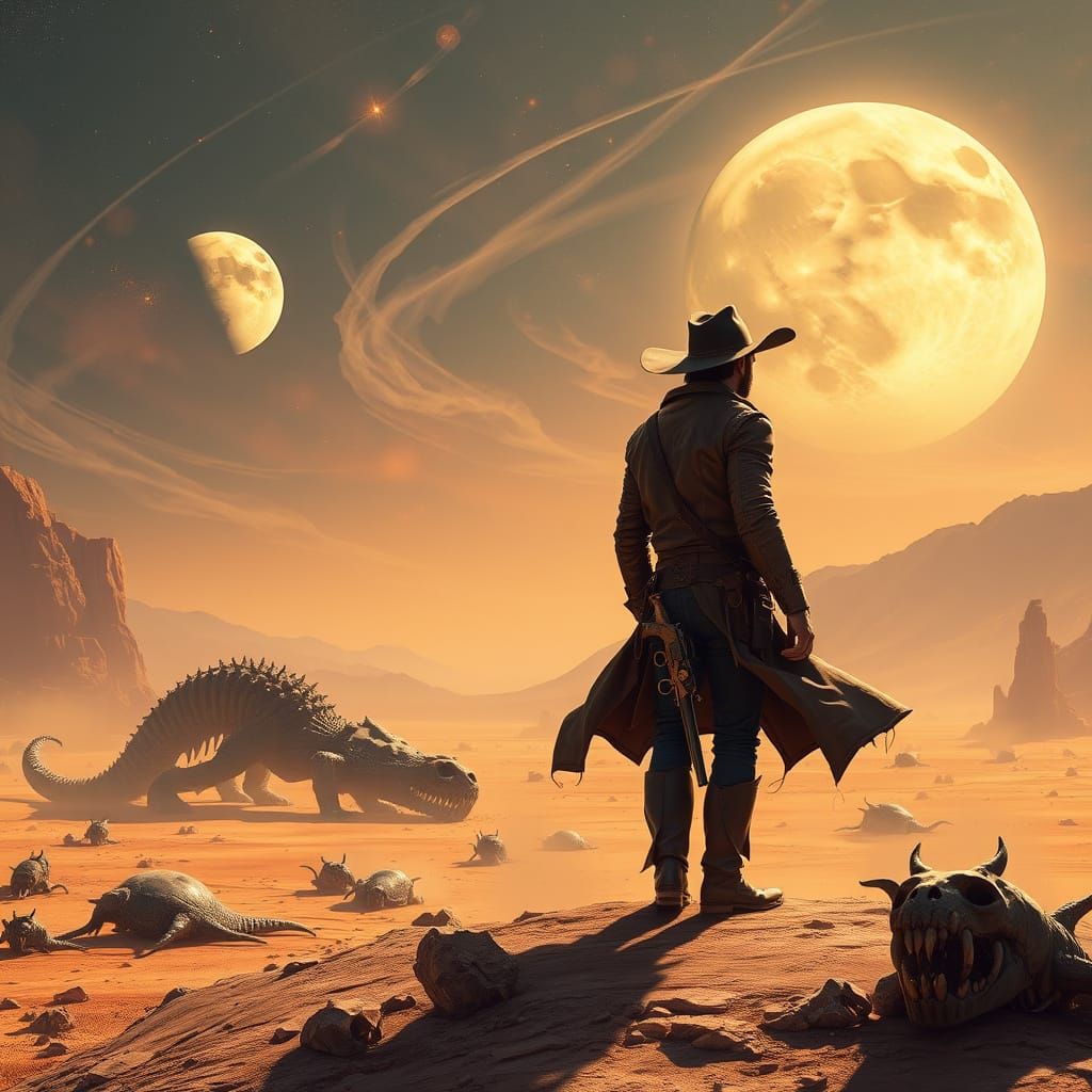 Cowboy Silhouette on Alien Planet in Sci-Fi Style