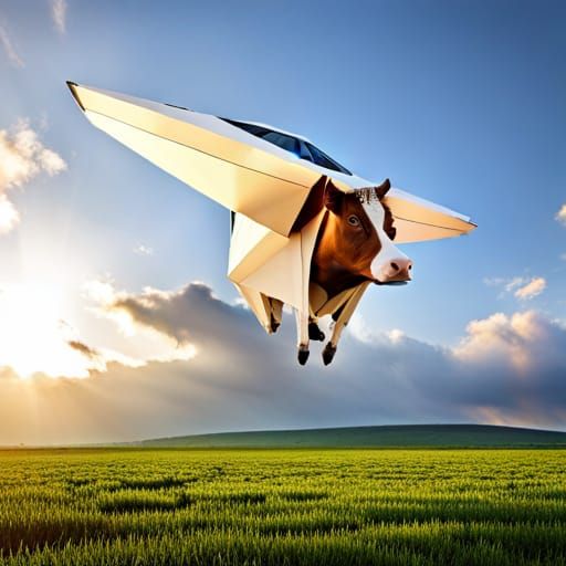 Beaming Cow Floats in Origami UFO in Space