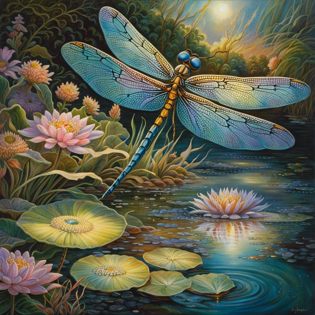 Dragonfly on Wildflower Reflects Evening Sun
