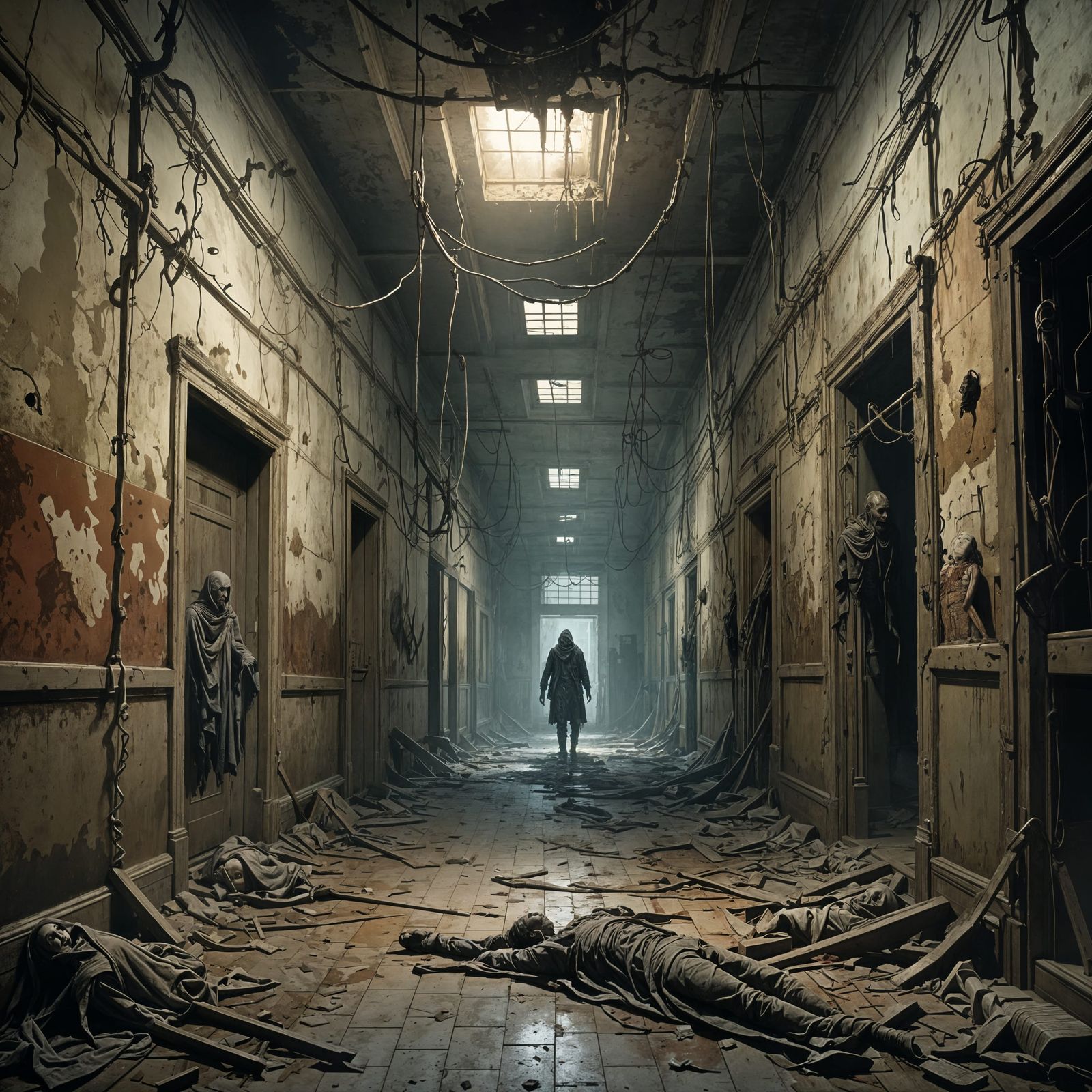 Silent Hill Horror: Twisted Bodies in Asylum Corridor