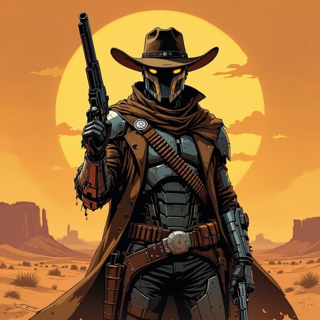 Warforged Gunslinger in Desert Cinematic Concept Art